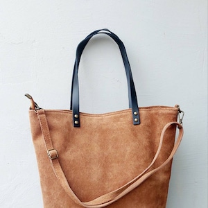 Top zip suede leather tote bag, ladies purses shoulder bag, cognac black laptop bag, crossbody bag, minimalist big tote, natural shopper
