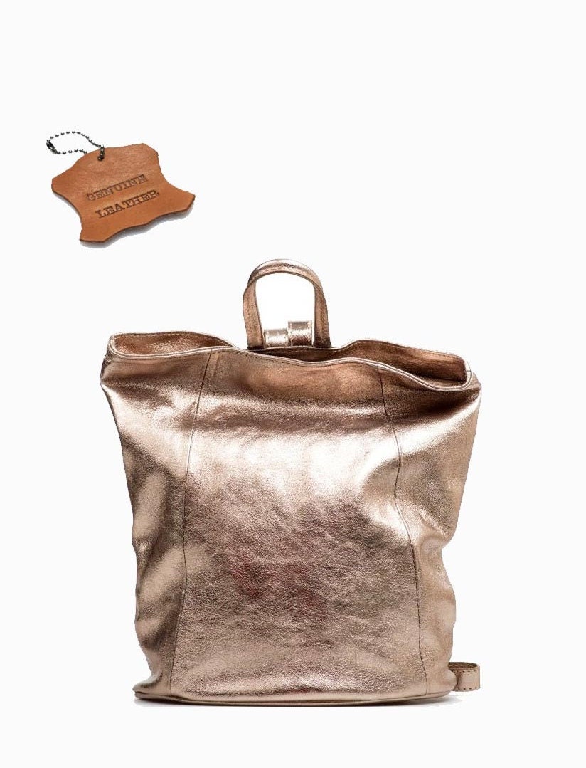Soft, metallic bronze leather backpack made by hand. Metallic Bronze Leather Backpack: Top Zip City Bag - Etsy  main image 3