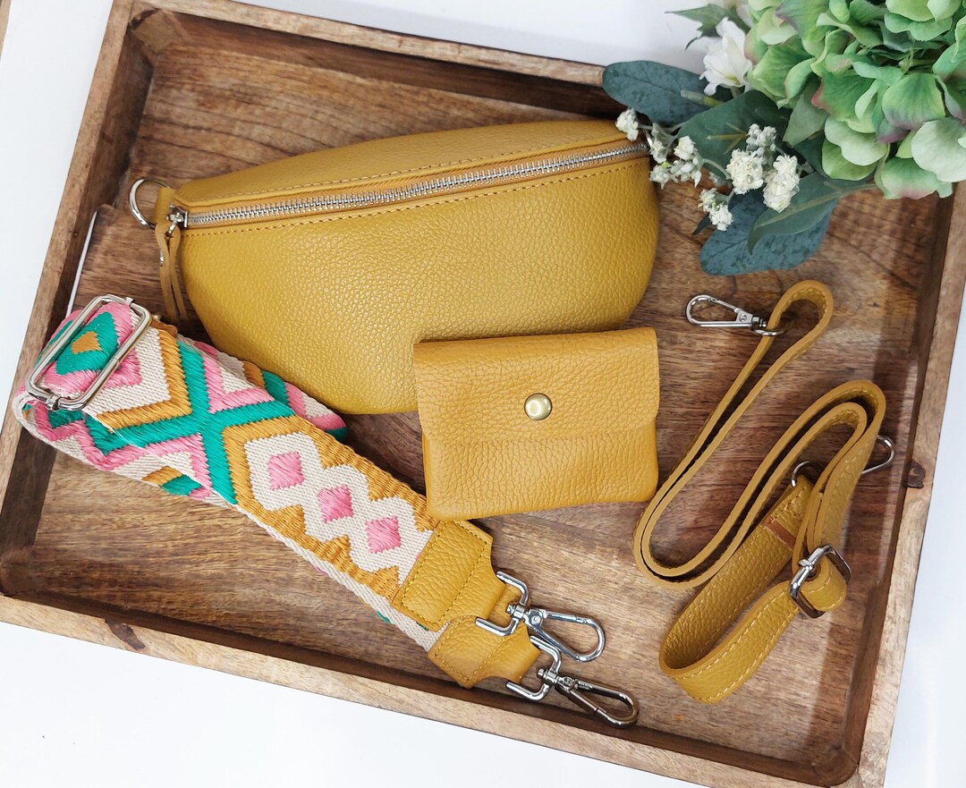 Mustard Yellow Bag, Purse, Colourful Wide Strap, Leather Shoulder