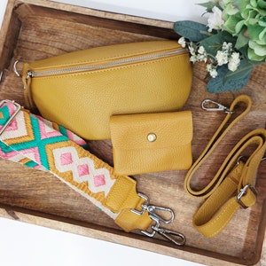 Mustard yellow bag, purse, colourful wide strap, Leather Shoulder Crossbody Belt Silver Details, Fanny leather bag, Waist bag