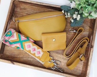 Mustard yellow bag, purse, colourful wide strap, Leather Shoulder Crossbody Belt Silver Details, Fanny leather bag, Waist bag
