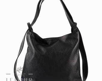 Convertible Black Leather Backpack Bag: Top Zip Travel Tote  display picture 1