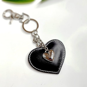 Black Leather Heart Keychain: Genuine Leather Bag Charm