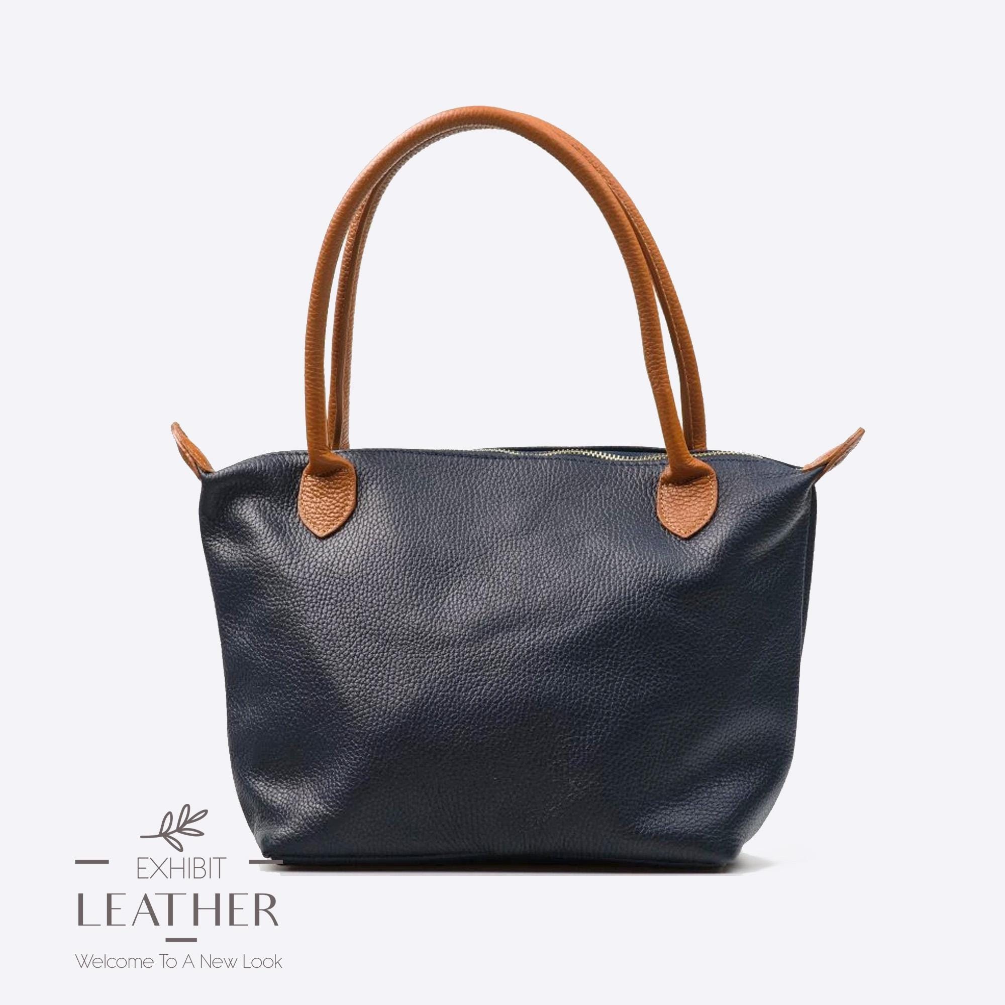 Navy Blue Leather Handbag: Cognac Brown Handles, Top Zip Shopper