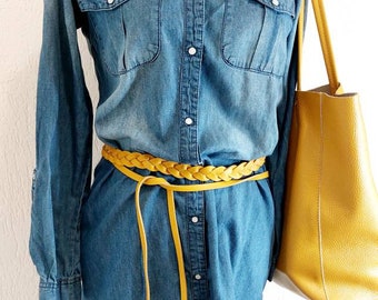 Braided Leather Wraparound Belt: Mustard Yellow Boho Sash - Etsy display picture 1