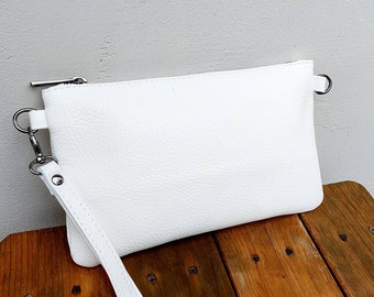 Weiße Echtledertasche mit Reißverschluss oben, Umhängetasche aus echtem Leder, Umhängetasche aus echtem Leder, Handtasche aus echtem Leder, Hochzeits-Clutch