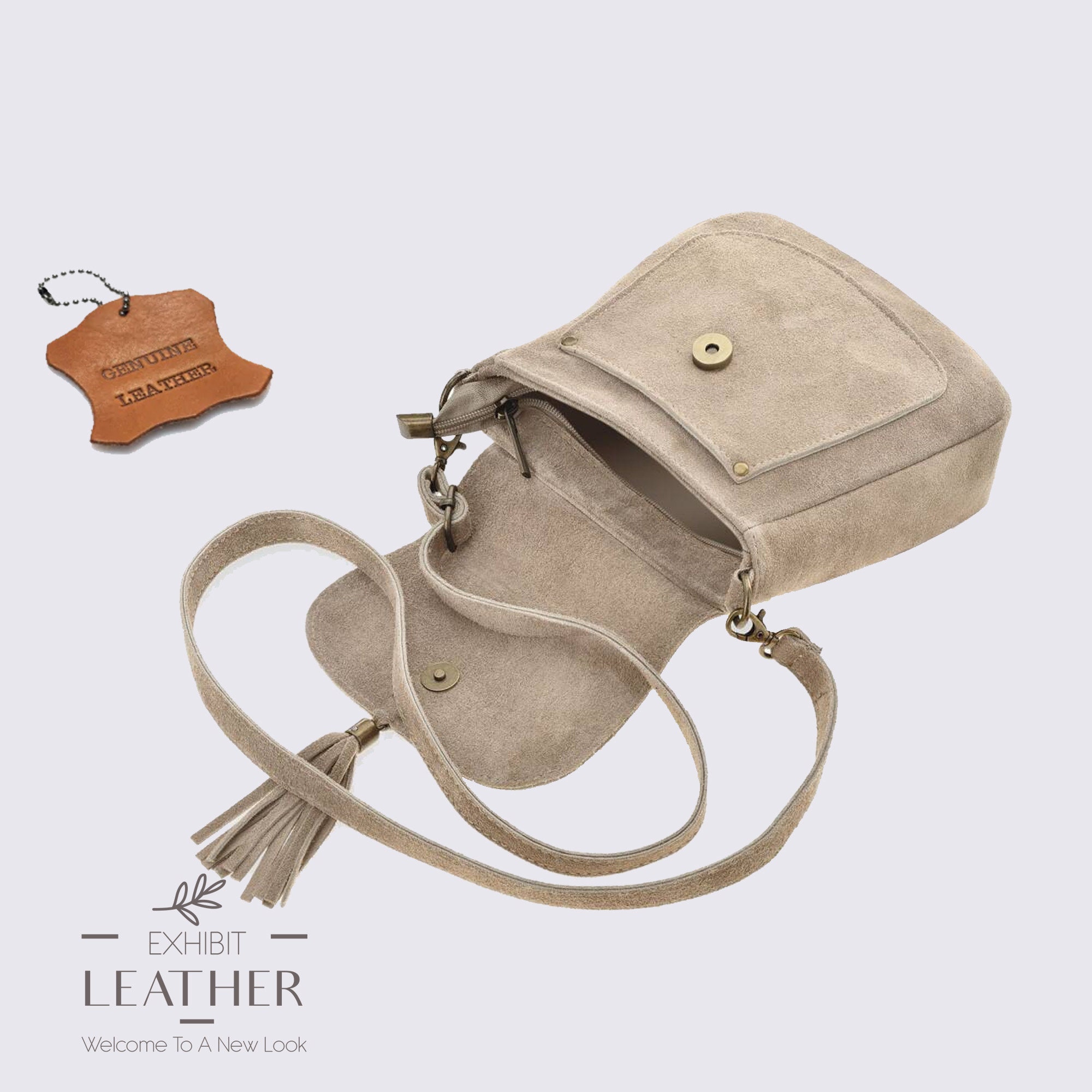 Taupe Suede Real Leather Small Crossbody Bag, Genuine