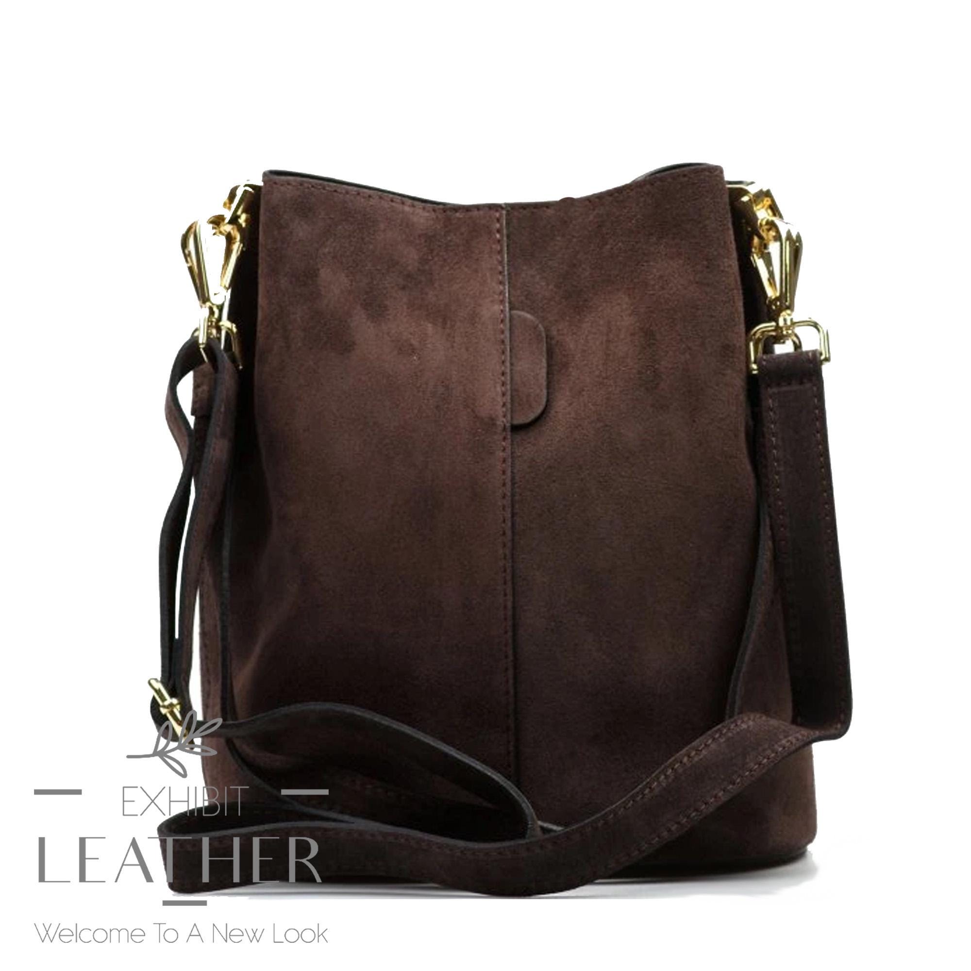 Dark Brown Suede Leather Bucket Bag: Gold Hardware 