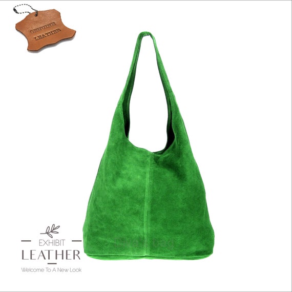 【EMIS】SUEDE SHOULDER BAG-GREEN Green Suede Genuine Leather Hobo Shoulder Bag, Suede Leather
