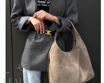 Italian Genuine Suede Leather Hobo Bag, Everyday Use Tote, Gift For Her
