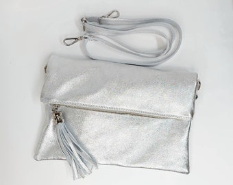 Silver real leather bag, Cross body shoulder bag, genuine leather messenger bag, tablet book bag zipper, wedding clutch, Christmas present