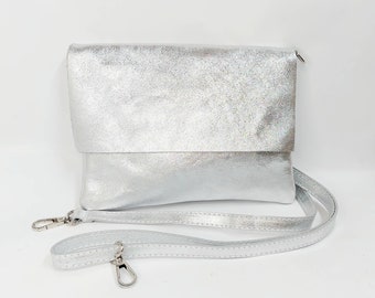 Top zip silver real leather  shoulder bag, Cross body leather bag, genuine leather messenger bag, tablet book bag with zipper