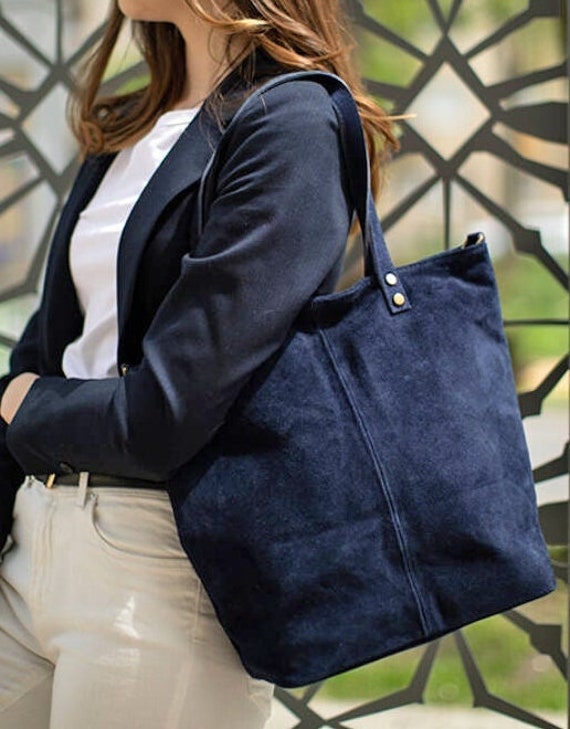 Navy Blue Suede Leather Tote Bag Leather Shoulder Bag -  Israel