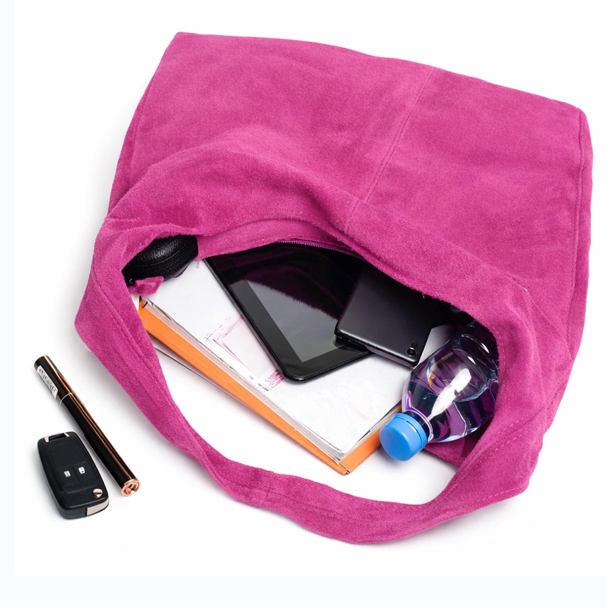 Italian Fuchsia Real Suede Leather Hobo Bag: Large Slouchy
