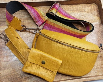 Mustard yellow bag, purse, colourful wide strap, Leather Shoulder Crossbody Belt Silver Details, Fanny leather bag, Waist bag