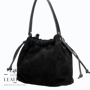 Schwarze Wildleder Echtleder Beuteltasche mit kurzen und langen Riemen, echt Leder Handtasche, Hobo Tasche