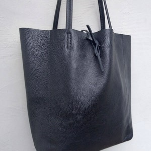 Leather tote bag in black, Leather shopper in black, Soft natural GENUINE leather shoulder bag, Large black tote bag, minimalist laptop bag image 5