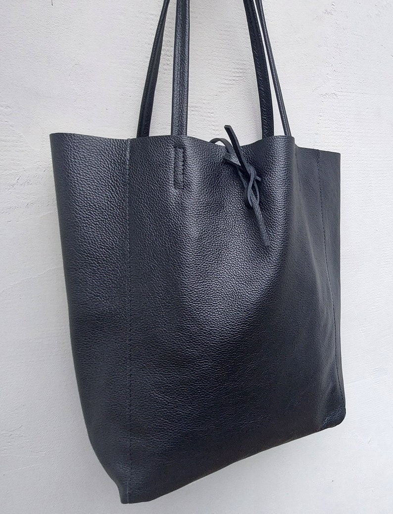 Leather tote bag in black, Leather shopper in black, Soft natural GENUINE leather shoulder bag, Large black tote bag, minimalist laptop bag image 5