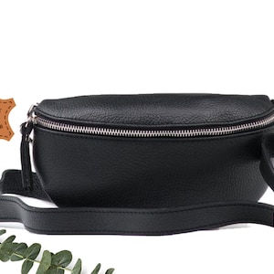 Black Leather Belt Bag: Silver Detail Crossbody Shoulder Fanny Pack