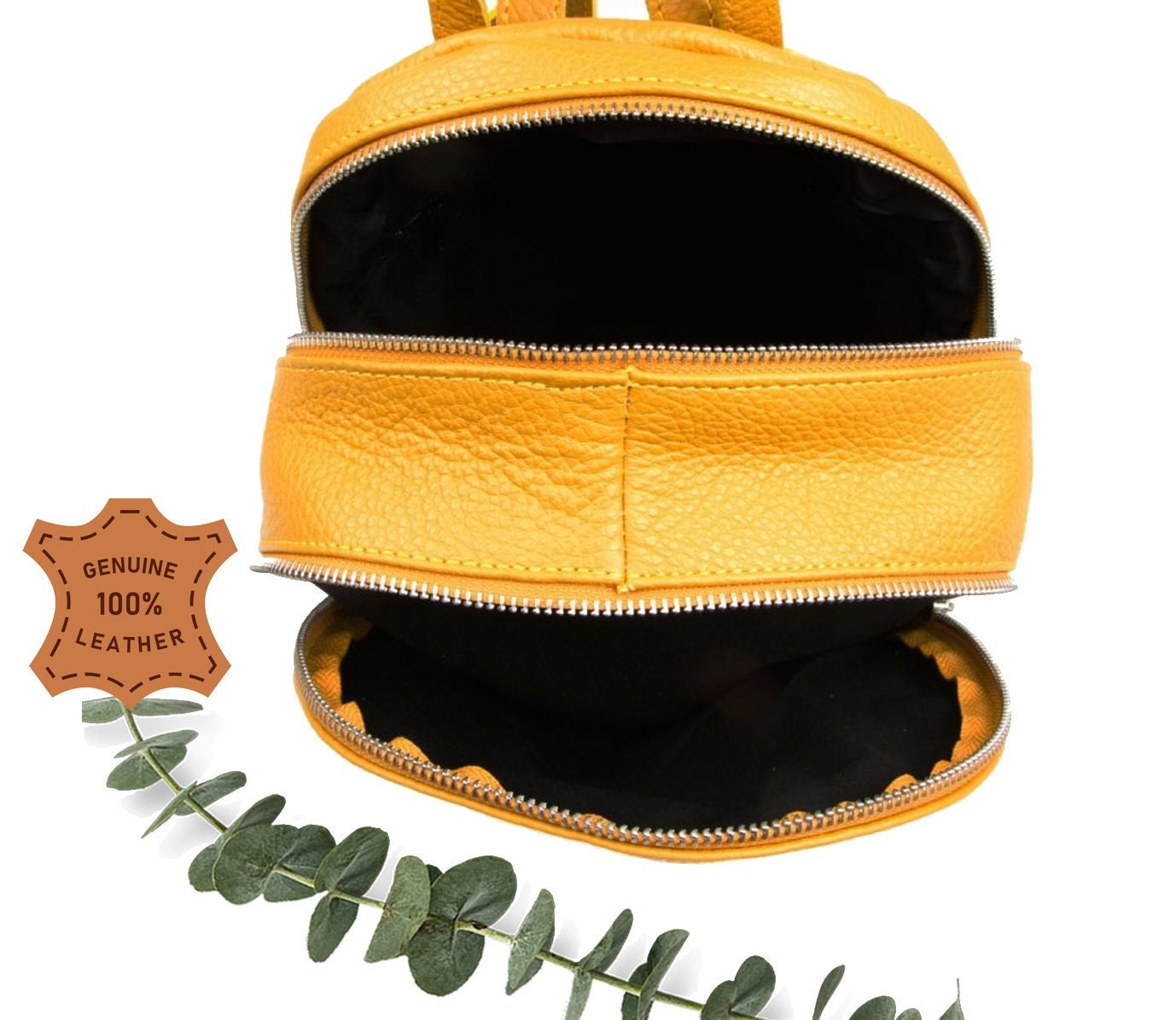 Mustard Leather Backpack: Women display picture 2