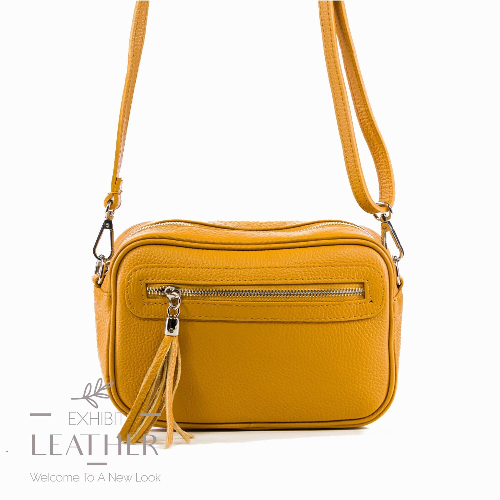 Mustard Yellow Leather Crossbody Bag: Top Zip Messenger - Etsy display picture 3