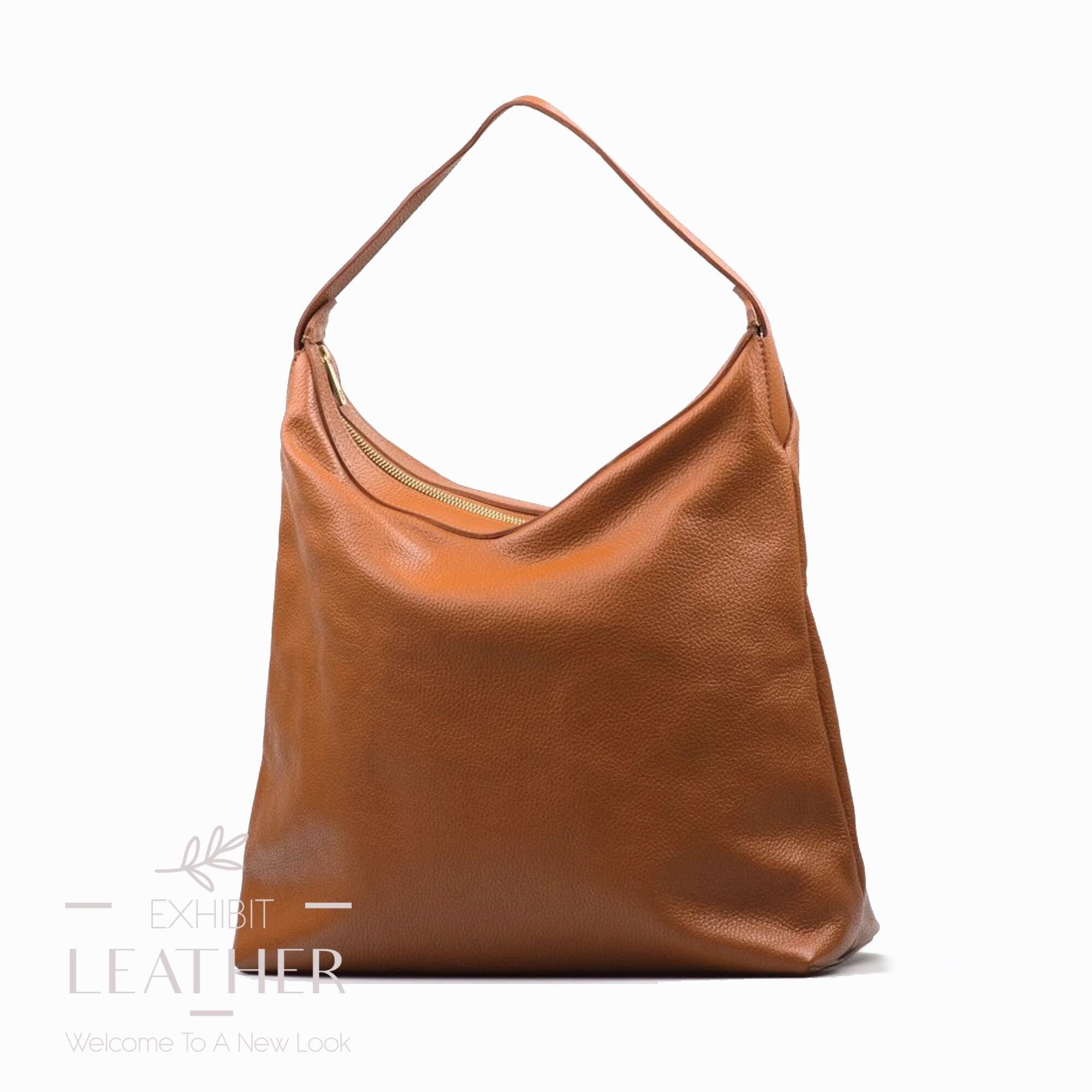 Cognac Braun Leder Hobo Bag: Top Zip Shopper Tote