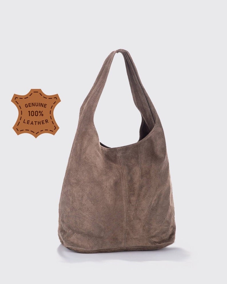 Dark taupe suede genuine leather hobo shoulder bag, Suede Leather Hobo Bag, Shopper Bag, Pale color Big Laptop Bag image 1