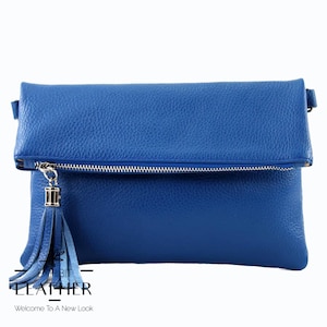 Genuine leather cross body shoulder bag in royal blue, zip purse, cowhide leather shoulder bag with tassel in electric blue
