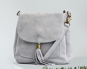 Grey suede real leather small  crossbody bag, Genuine leather Cross body shoulder bag, messenger bag, top zip grey bag