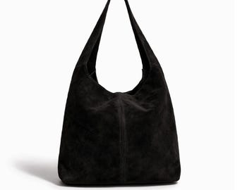 Italian Black Real Suede Hobo Bag: Genuine Leather Slouchy Shoulder Bag