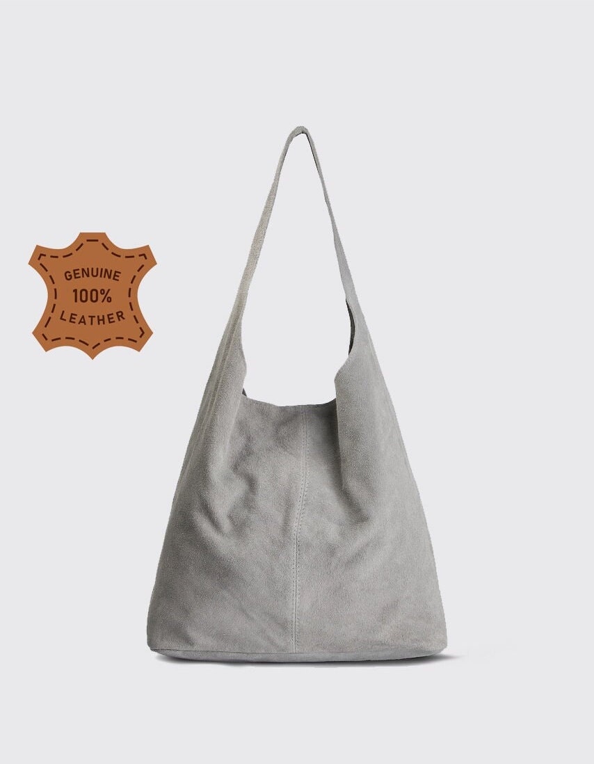 Light gray suede genuine leather hobo shoulder bag, Suede Leather Hobo Bag, Shopper Bag, gray color Big Laptop Bag