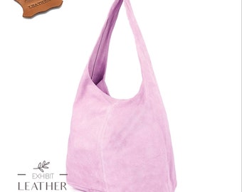 Sac hobo en cuir véritable en daim rose rose, sac hobo en cuir suédé, sac cabas, grand sac pour ordinateur portable couleur rose