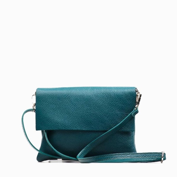 Sac à bandoulière en cuir véritable avec fermeture éclair en bleu sarcelle, sac à bandoulière en cuir, sac messager en cuir véritable, sac pour tablette avec fermeture à glissière