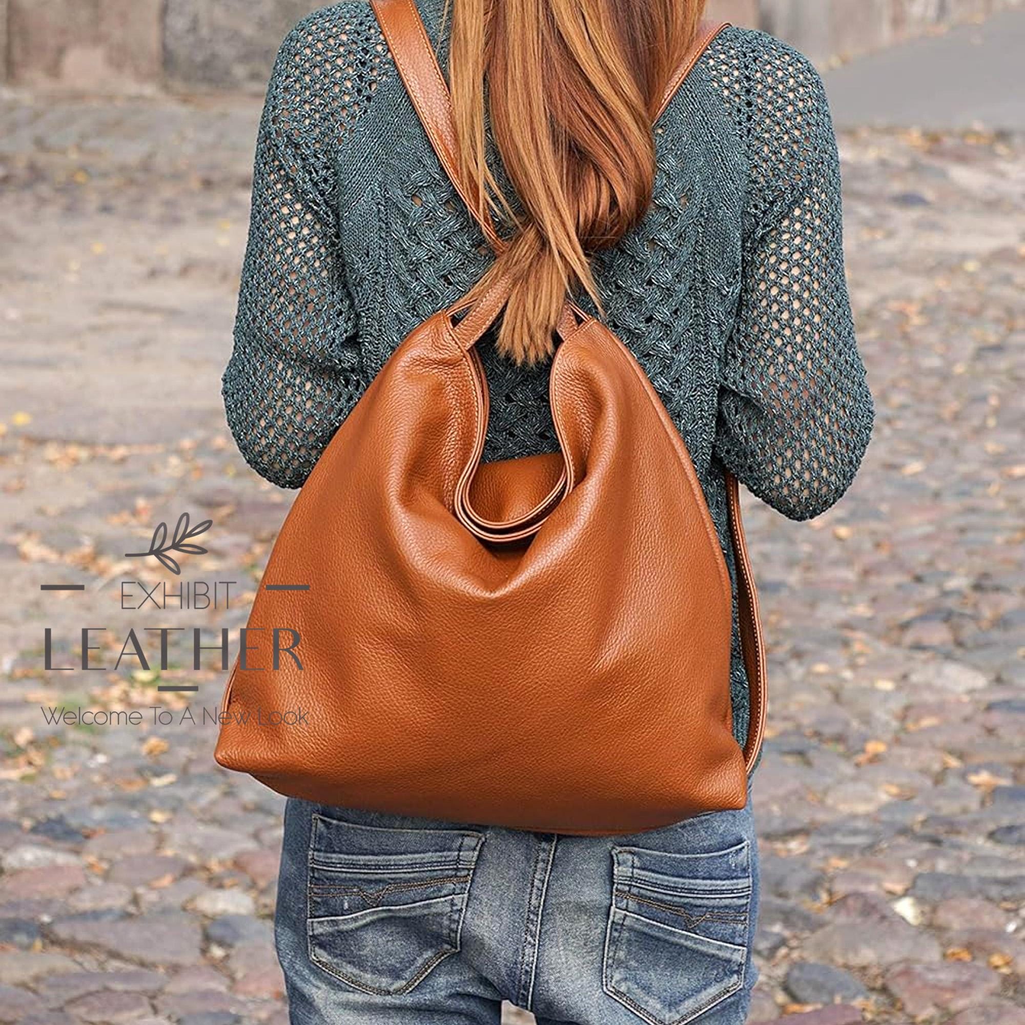 Convertible Leather Backpack Bag: Cognac Brown Top Zip 