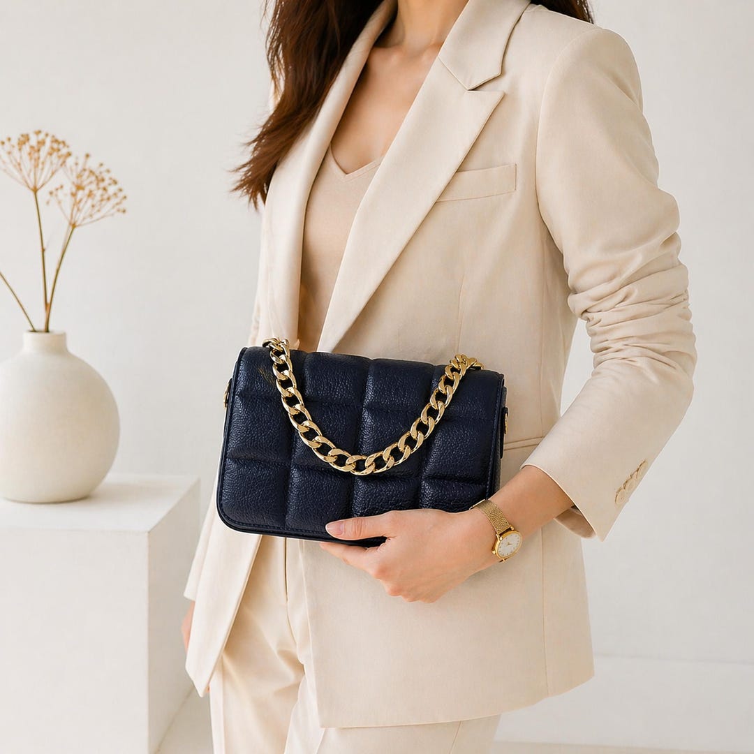 Luxury Navy Blue Leather Handbag: Quilted Crossbody Bag With Gold