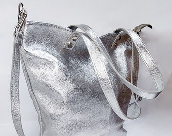 Top Zip Silver Leather Tote Bag, Leather Shoulder Bag