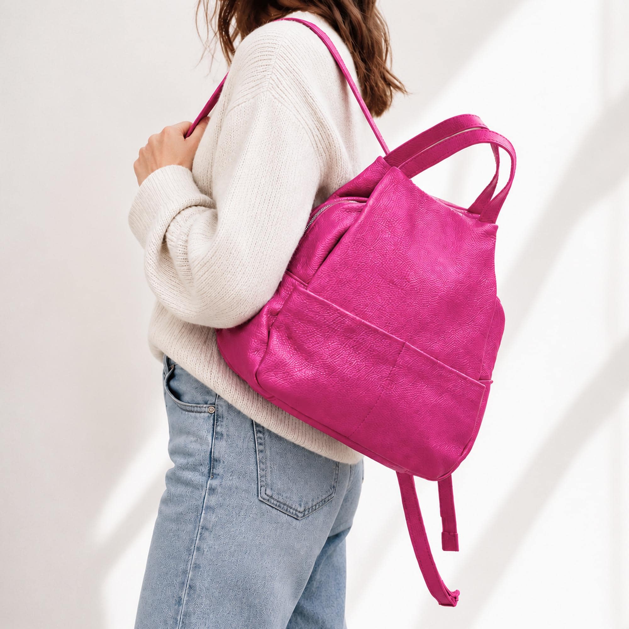 Fuchsia Genuine Leather Backpack: Convertible Shoulder Bag, Hot