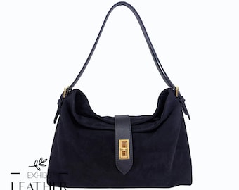 Sac à bandoulière souple en cuir de veau velours, 9 couleurs : finitions dorées, cuir véritable