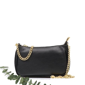 Top zip genuine leather small bag, leather Handbag, classic handbag, black real leather clutch, cross body chain bag