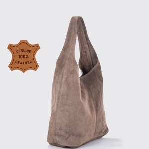 Dark taupe suede genuine leather hobo shoulder bag, Suede Leather Hobo Bag, Shopper Bag, Pale color Big Laptop Bag image 2