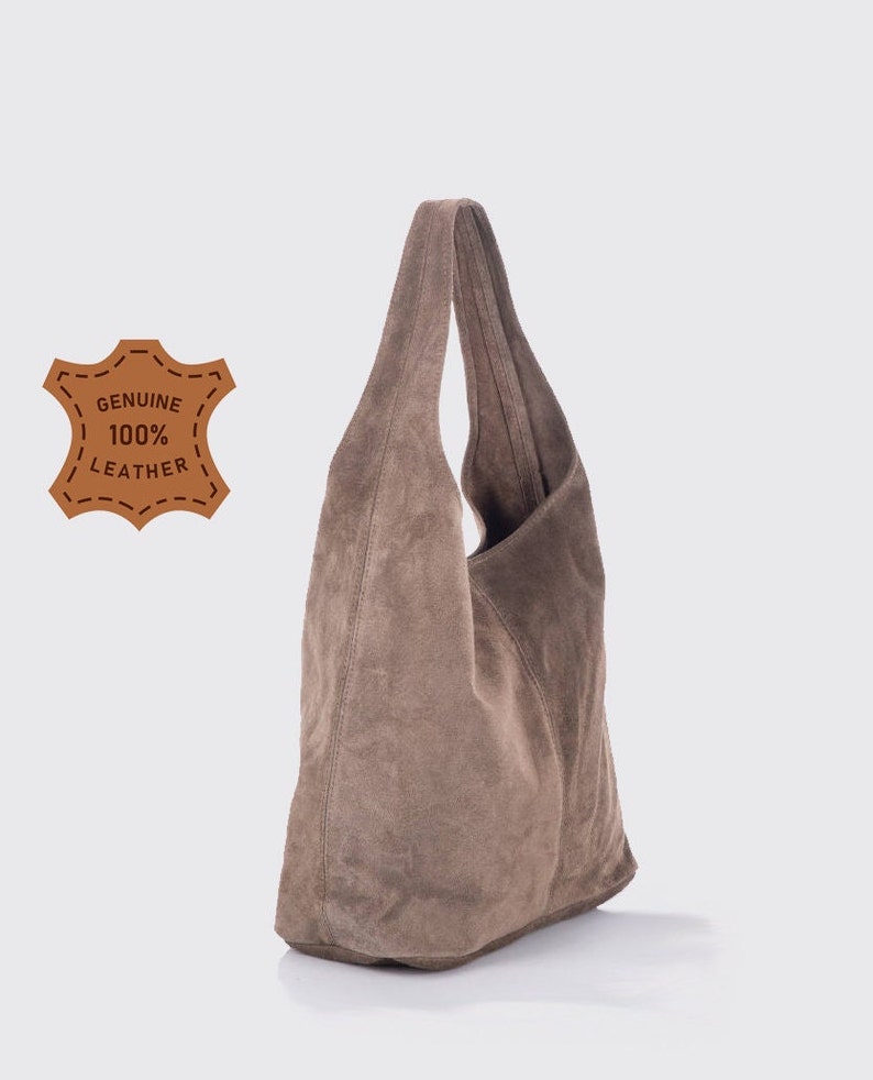 Dark taupe suede genuine leather hobo shoulder bag, Suede Leather Hobo Bag, Shopper Bag, Pale color Big Laptop Bag image 2