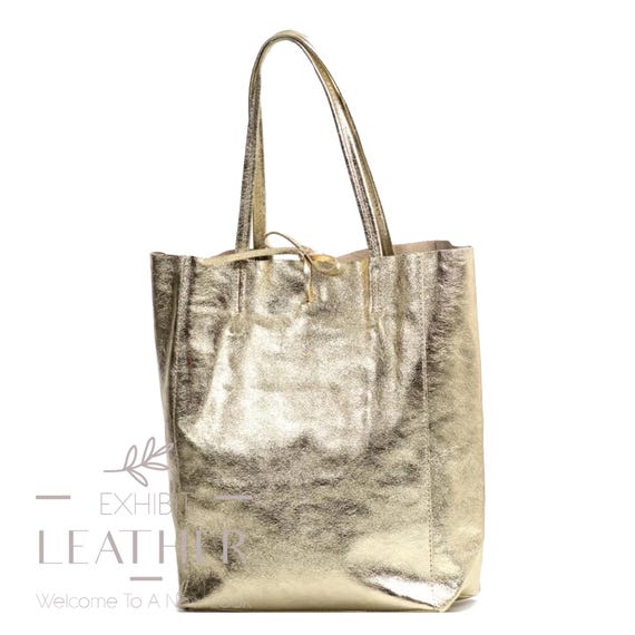 Gold Bag, Leather Tote Bag in Gold, Leather Shopper in Gold