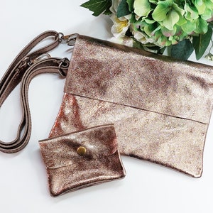 Metallic bronze colour real leather bag, small purse, bronze cross body bag, genuine leather messenger bag, tablet book bag zipper