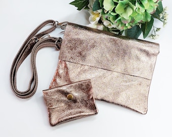 Metallic Bronze Leather Crossbody Bag with Coin Purse