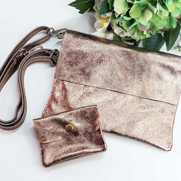 Metallic bronze colour real leather bag, small purse, bronze cross body bag, genuine leather messenger bag, tablet book bag zipper