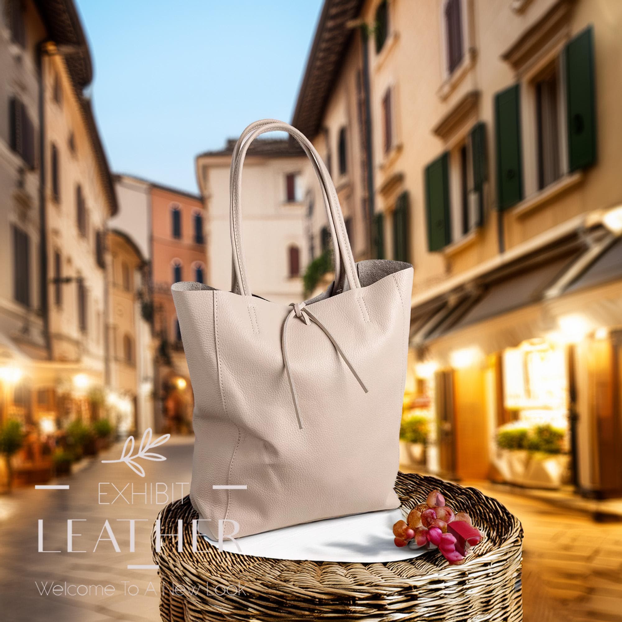Beige Color Genuine Leather Tote Bag, Leather Shopper in Nude 
