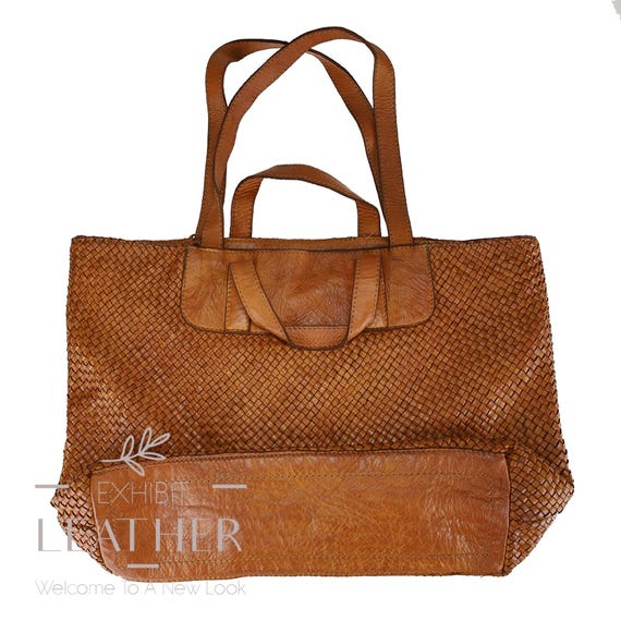 ブラウン編み込みレザートートバッグ SAZABY ブラウン レザー 編み込み トートバッグ