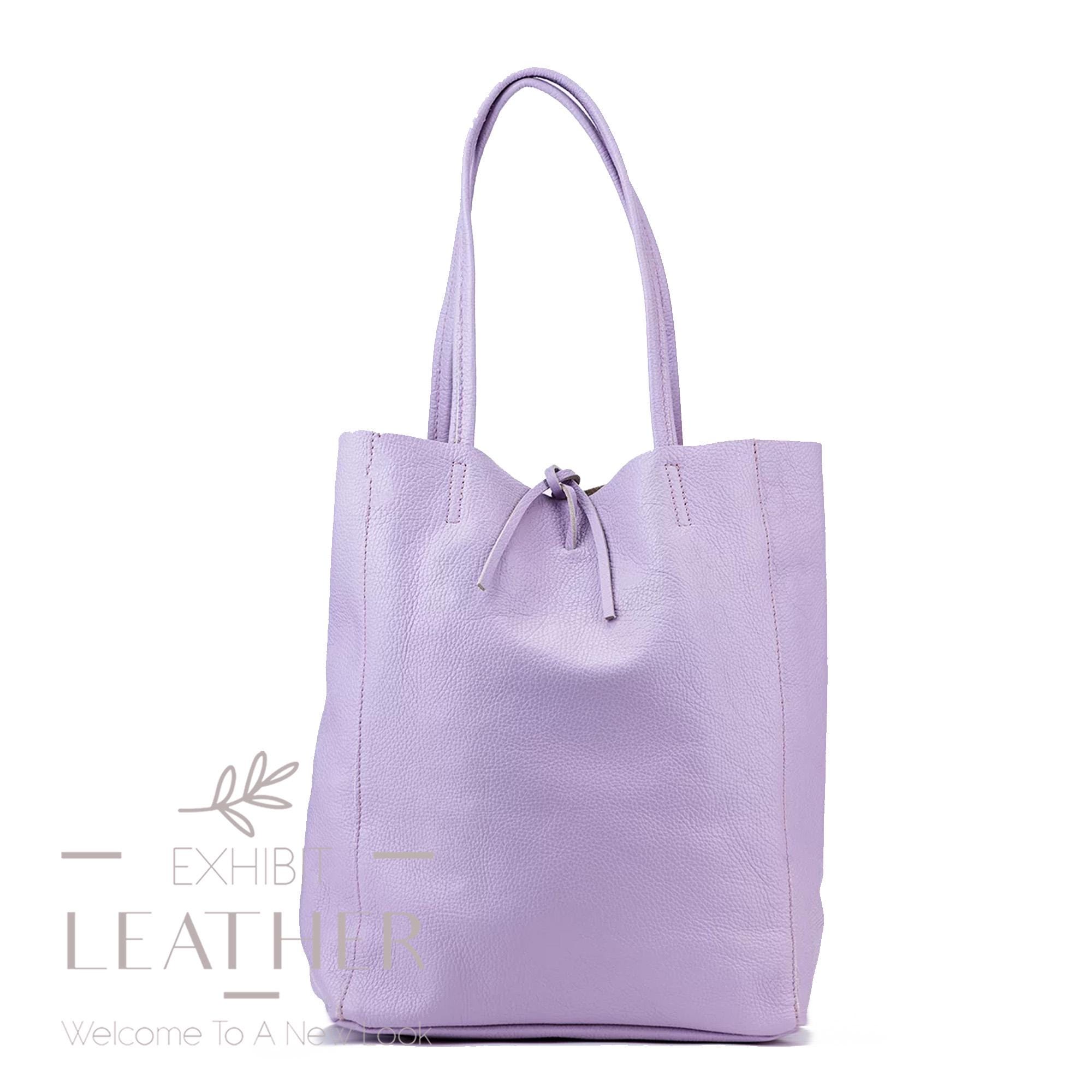 Italian Real Leather Lilac Tote Bag: Soft Genuine Leather 