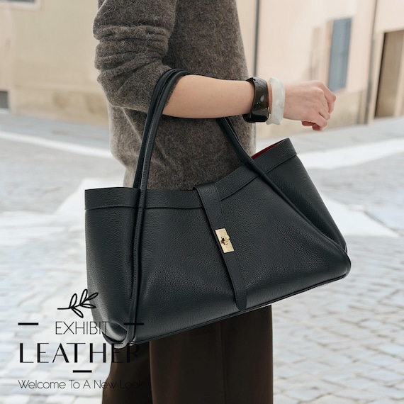 Italian Black Leather Tote Bag – Gold Hardware, Removable Strap