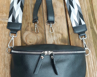 Black belly bag with leather and wide strap, Leather Shoulder Bag Pocket Bag Belt Bag Silver Details, Fanny leather bag